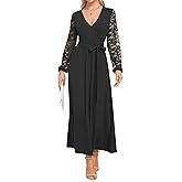 AUSELILY Women's Lace Dress Long Sleeve Maxi 2025 Fall V Neck Wrap Waist Formal Party Long Dresses with Pockets