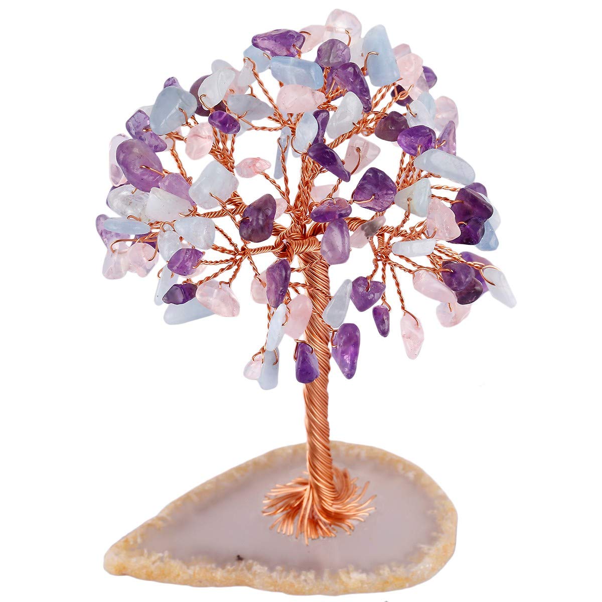 mookaitedecor Amethyst Aquamarine Rose Quartz Tumbled Stones Money Tree,Gemstone Feng Shui Ornaments Healing Crystal Tree Figurines,Agate Slice Geode Quartz Stand
