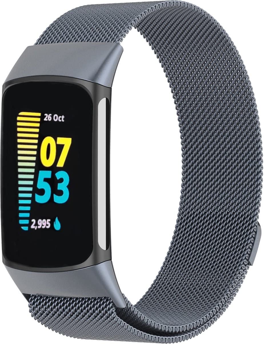Metal Strap Compatible with Fitbit Charge 6/Fitbit Charge 5 Strap for Men Women - Magnetic Clasp Stainless Steel mesh Loop Adjustable Metal Band Replacement for Charge 6/Charge 5 (Metallic Grey)