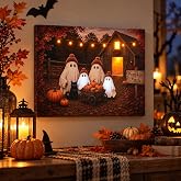 Halloween Ghost Pumpkin Patch LED Light Up Wall Art, 30 x 40 cm | Light Up Display, Spooky Ghost Design, Black Cat Accent, Barn Scene, Indoor Decor