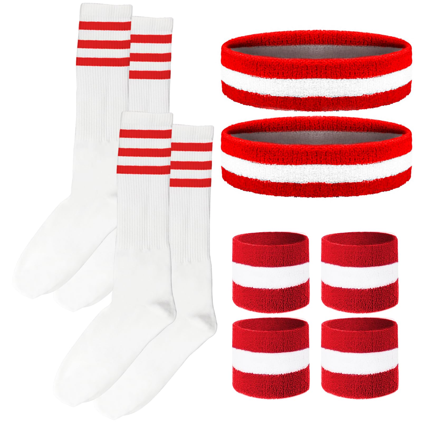 Photo 1 of 10 Pieces Striped Sweatbands and Striped Socks Set Headbands Wrist Sweat Bands for Men and Women Sports 80s 90s Fitness (Red, White, Red)