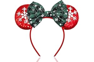 Snowflake Mouse Ears Headband with Sparkling Red Sequin Ears & Green Buffalo Plaid Snowflake Bow - Festive Holiday Hairband A