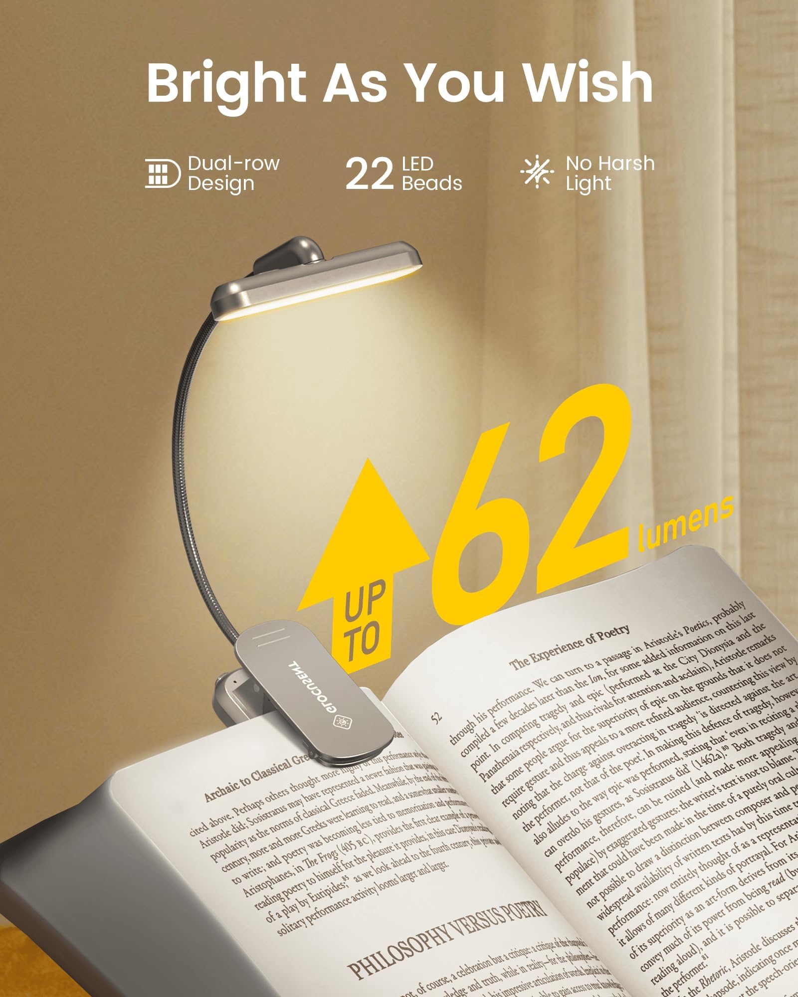 Glocusent Book Light Rotatable: 22 Led Rechargeable Book Light for Reading in Bed with Timer - Eye Caring 3 Color Temperatures, Stepless Dimming, 100Hrs Runtime Clip on Reading Light for Book Lovers