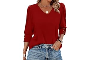 XIEERDUO Womens 3/4 Sleeve Tops with Buttons V-Neck Summer Outfits Casual Blouses Shirts Beach Vacation Fall Clothes 2025