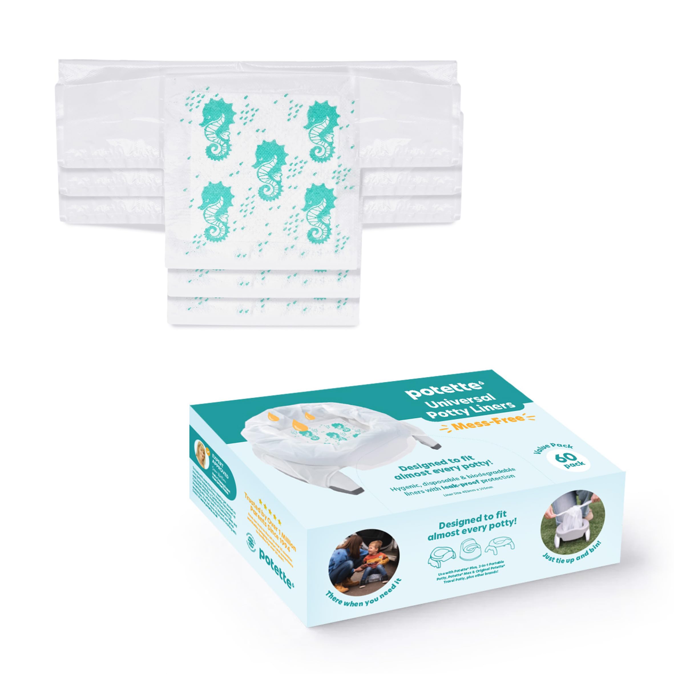 Potette Plus Disposable Liners | Super Absorbent, Biodegradable and Lightly Fragranced Potty Bags | Pack of 60