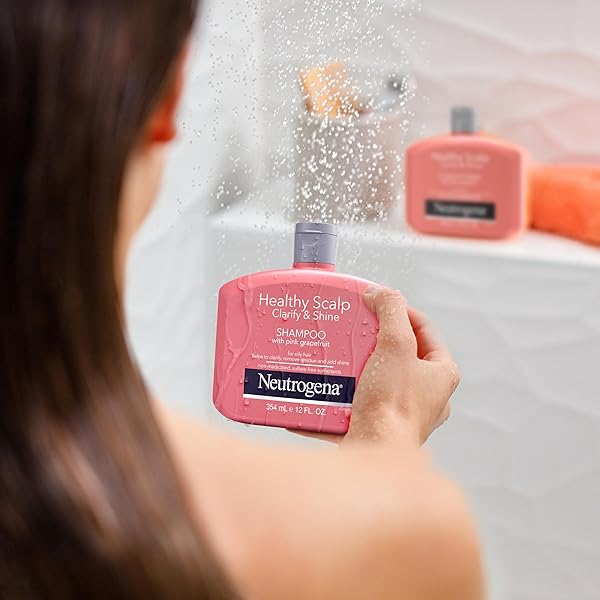 NEUTROGENA EXFOLIATING HEALTHY SCALP CLARIFY & SHINE SHAMPOO FOR OILY HAIR AND SCALP, ANTI-RESIDUE SHAMPOO WITH PINK GRAPEFRUIT, PH-BALANCED, PARABEN & PHTHALATE-FREE, COLOR-SAFE, 12OZ