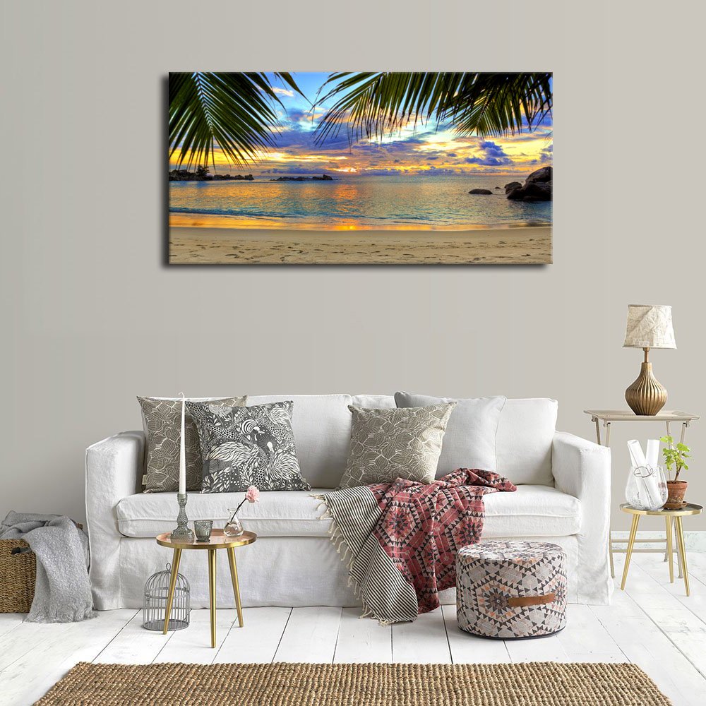 Condition photo showing New/Like New for yearainn Large Canvas Wall Art Tropic Beach Sunset with Palm Tree Leaves Painting Long Canvas Artwork Seascape Ocean Contemporary Nature Picture for Home Office Wall Decor 24" x 48"