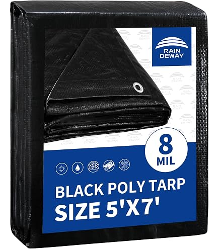 CAMPMAC Black Tarps Heavy Duty Waterproof 5x7, 12 Mil Thick, High Durability, Rip and Tear Resistant with Metal Grommets Every 20 Inches