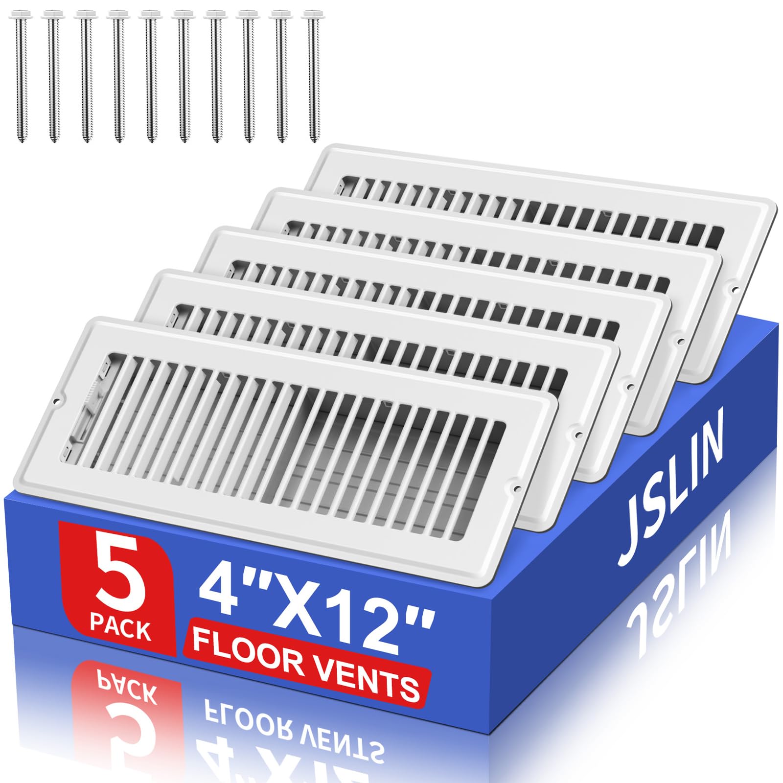 Photo 1 of 4x12 Floor Regsiter - 5 Pack Vent Covers for Home Floor Wall Ceiling - White with Screws for Easy Installation - Heavy Duty Steel Walkable Finish for Quiet Adjustable Airflow HVAC Register Grilles