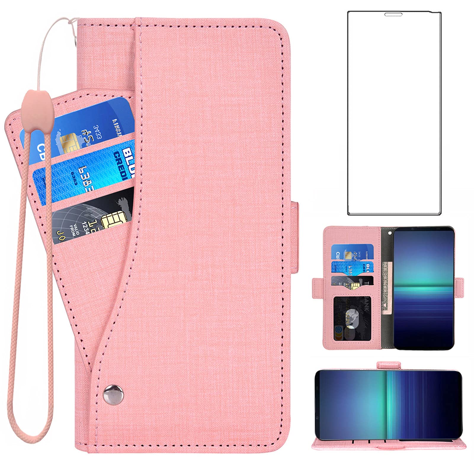 Asuwish Compatible with Sony Xperia 5 II/Experia 5II 5G Wallet Case and Tempered Glass Screen Protector Leather Flip Cover Card Holder Cell Accessories Phone Cases for Experia5ii XQ-AS72 Women Pink