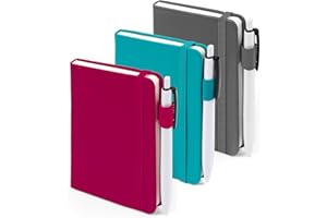 feela Pocket Notebook Journals, Mini Cute Small Hardcover College Ruled Notepad Office School Supplies, with 3 Black Pens, 3.5”x 5.5”, 3 Pack, A6, Solid Colors, Gray, Berry, Emerald