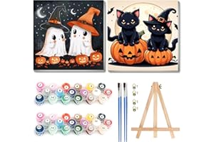 cviokrdu 2 Pack Paint by Numbers Kit for Kids with Frame-Wooden Easel, Halloween Paint by Numbers for Kids Ages 4 8 12, Easy Halloween Acrylic Oil Painting Kits for Home Wall Decoration 8x8 inch