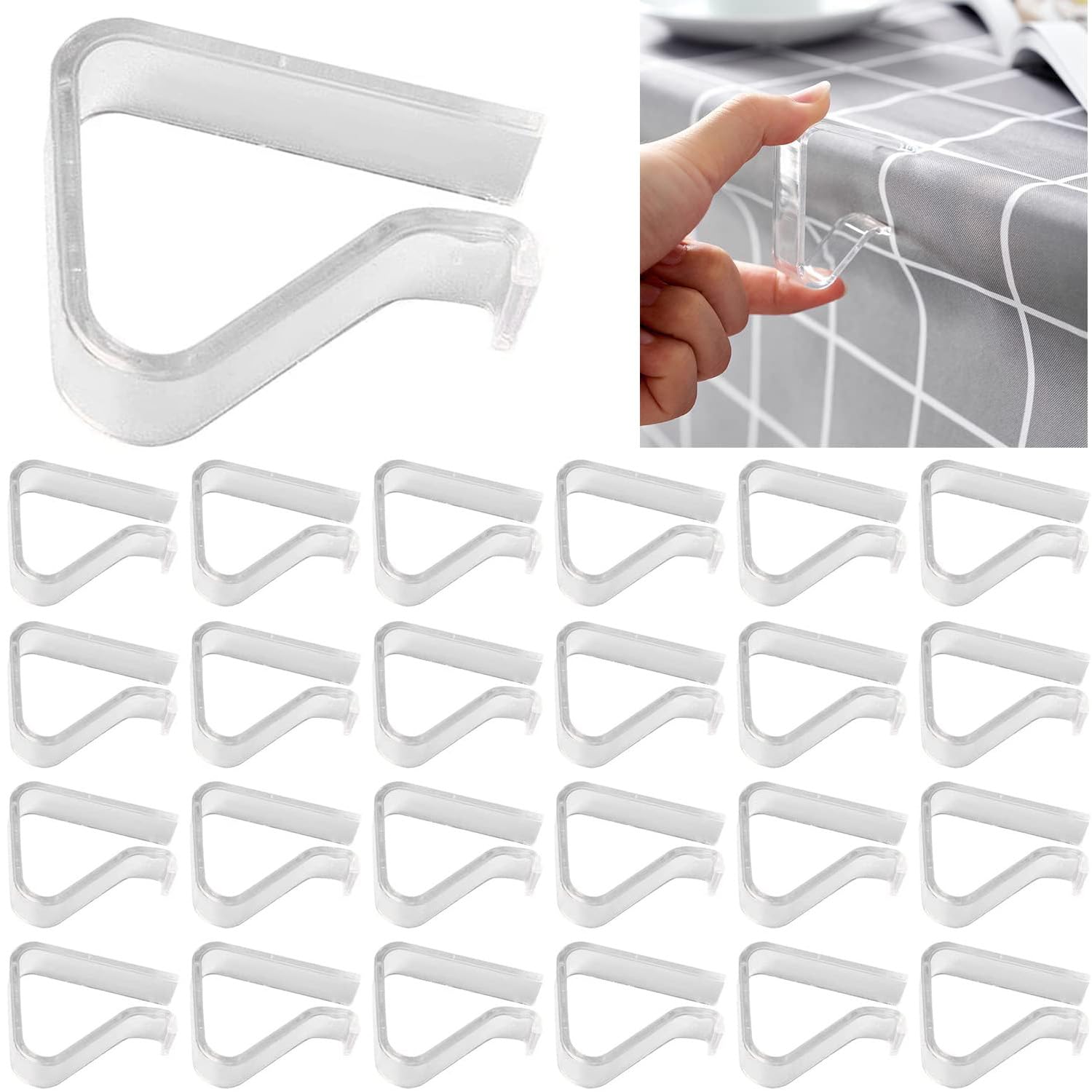 Photo 1 of 24 Pieces Transparent Clear Tablecloth Clips, Plastic Table Cloth Clips?Windproof Table Cover Holder Clamps?Table Cloth Holder for Christmas Home Wedding Party Indoor Outdoor Camping Picnic (Large)