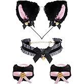 Fumwase Cat Ears Headband with Bells Furry Cat Costume Set Cat Headband Choker Wrist Cuffs for Women Halloween Cosplay Adult