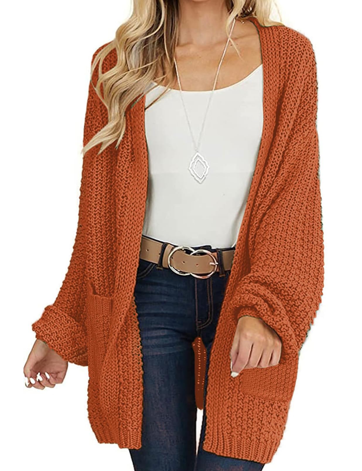 Photo 1 of MEROKEETY Women's 2025 Fall Open Front Chunky Knit Sweater Oversized Lantern Sleeve Cardigan Outwear, Orange, Small