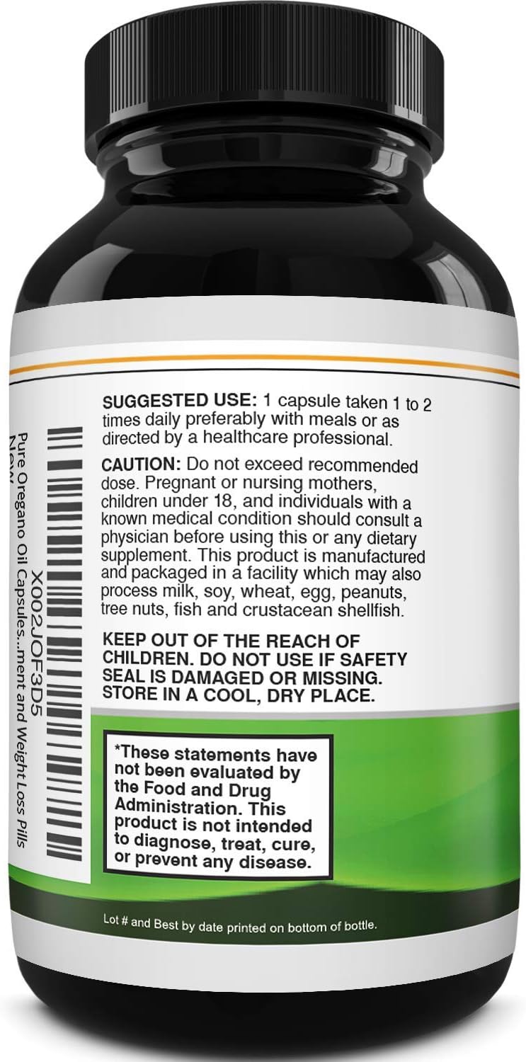 Pure Wild Oregano Oil Capsules - Oil of Oregano Capsules for Immune Support Heart Health and Upset Stomach Relief - Soluble Fiber Antioxidant Supplement Capsule for Bone Health and Energy Boost: Health & Personal Care