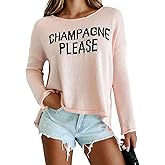 CURBODO Womens Fashion 2026 Champagne Please Graphic Long Sleeve Pullover Sweater Loose Crewneck Knitted Sweatshirt Tops