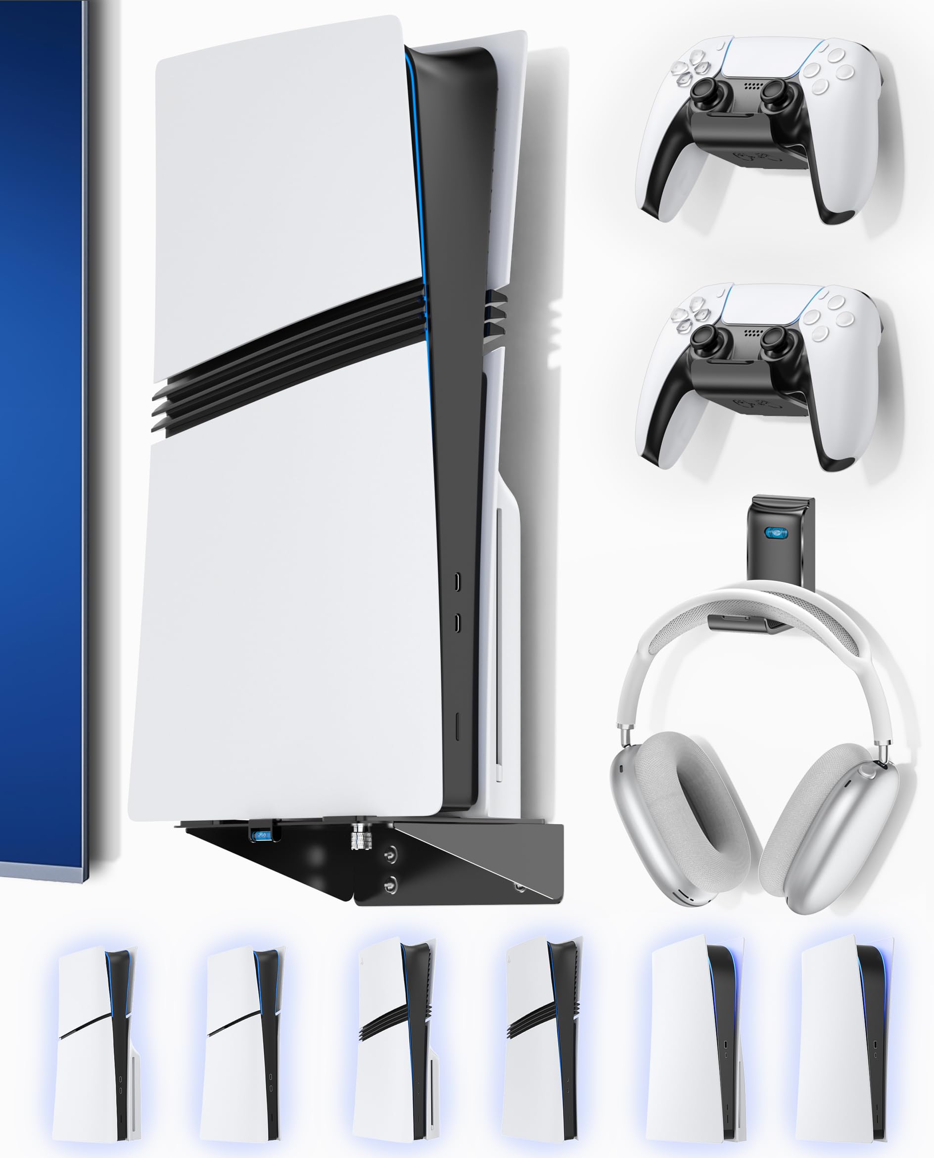 PS5/Slim/Pro Wall Mount with Headset & Controller Holder, Premium PS5 Metal Shelf Floating Mount, Universal 2 Packs Controller Stand and Headphone Stand, Game Accessries for All Playstation 5 Console
