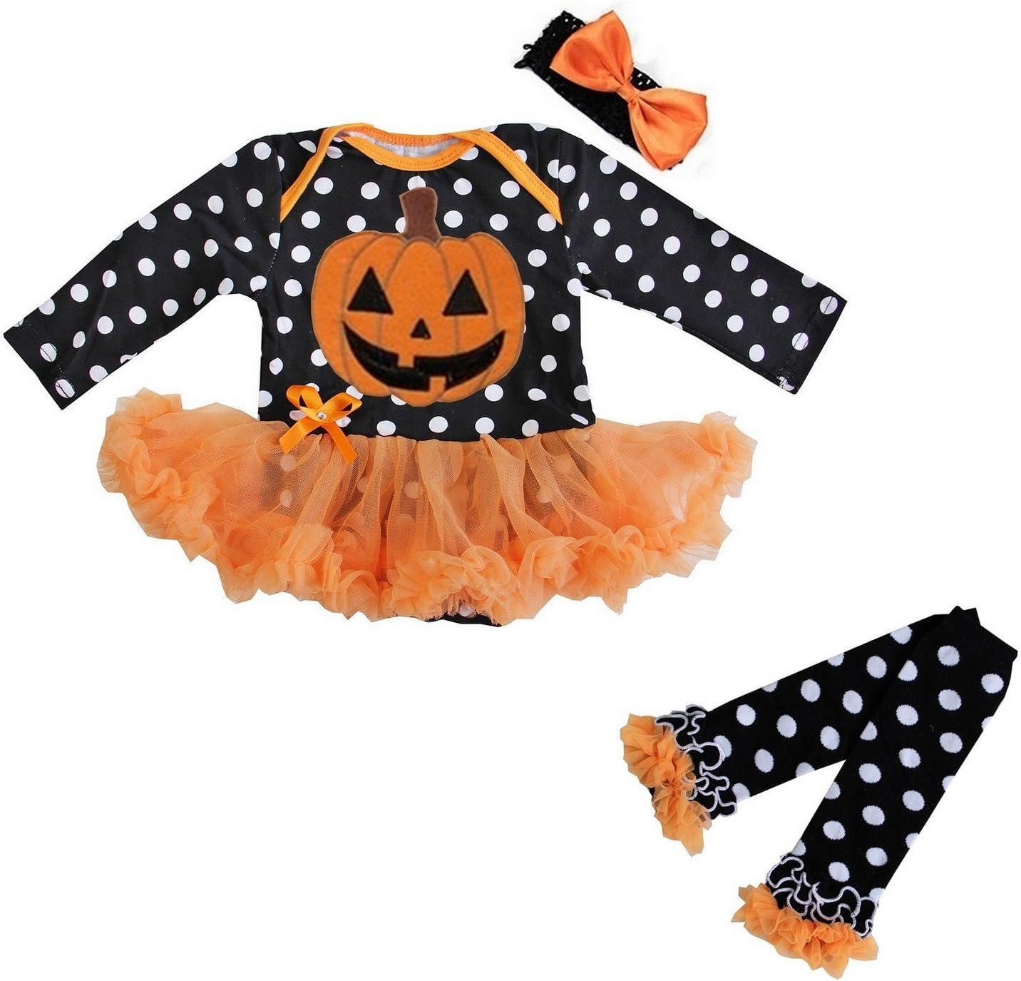Kirei Sui Baby Pumpkin Black Polka Dots Orange Long Sleeves Bodysuit Warmer Set