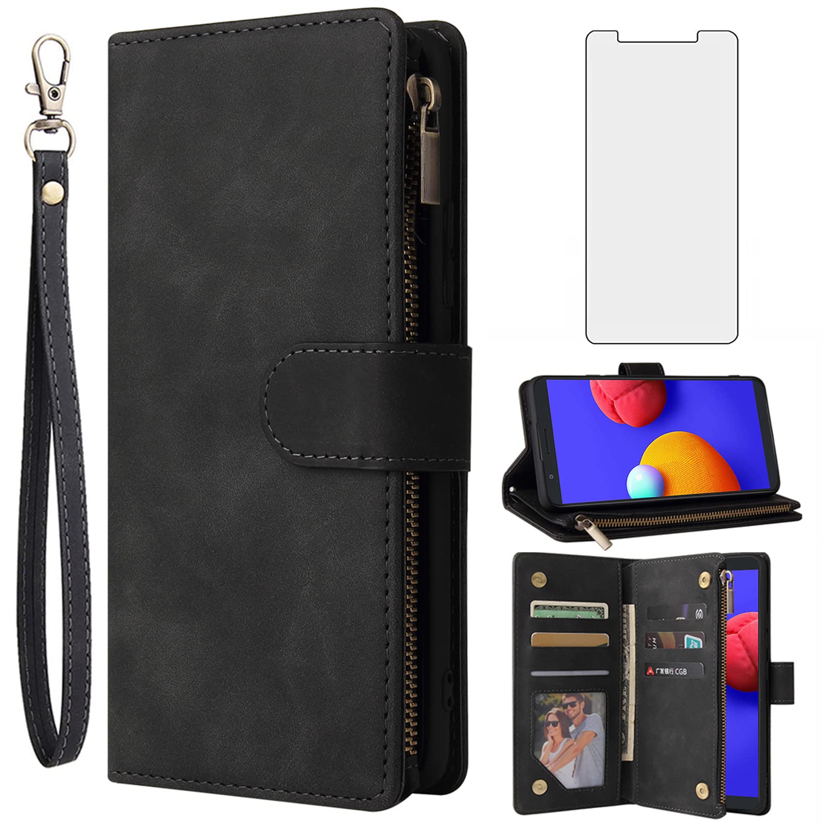 Asuwish Compatible with Samsung Galaxy A01 Core Wallet Case Tempered Glass Screen Protector and Leather Flip Cover Card Holder Stand Cell Accessories Phone Cases for Glaxay A 01 01A Women Men Black