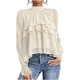 Verdusa Women's Dressy Casual Ruffle Layered Blouse Puff Sleeve Chiffon Elegant Flowy Shirts