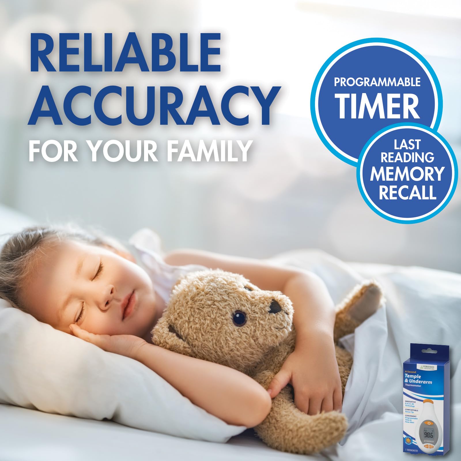 Veridian Healthcare Temple & Underarm Thermometer | Infrared Measurements | Fast 4-Second Readout | Fever Alert | Backlit Display | Programmable Timer | 1-Year Warranty