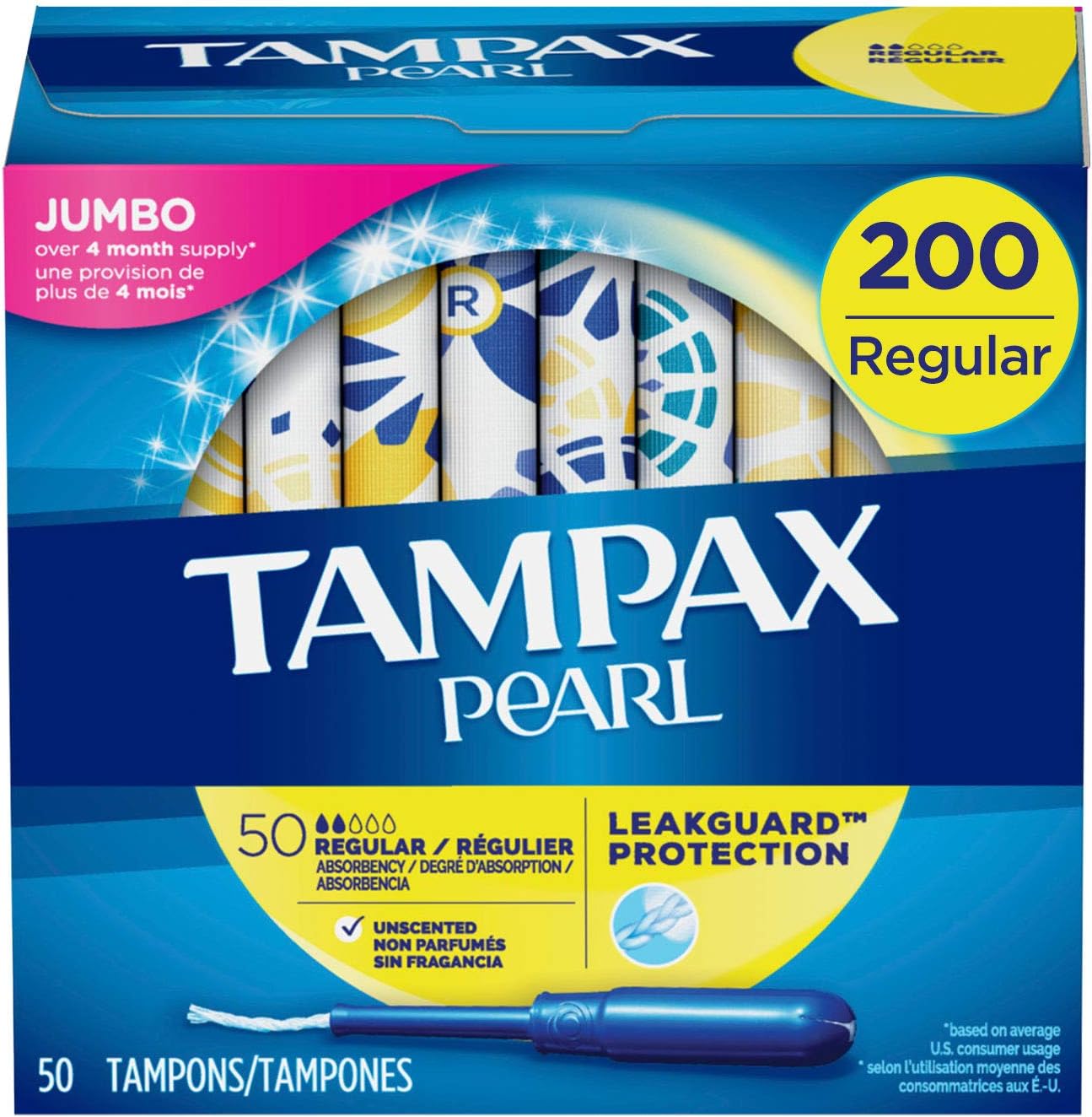 Tampax Pearl Tampons with Plastic Applicator, Regular Absorbency, 200 Count, Unscented (50 Count, Pack of 4 - 200 Count Total): Health & Personal Care