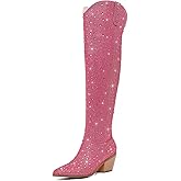RONILURN Women Rhinestone Over the Knee Cowboy Boots, Sparkly Bling Cowgirl Boots Western Thigh High Boots Pull-On Side Zippers Chunky Heel Pointed Toe Size5-12 For Fashion&Daily