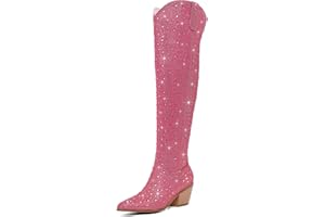 RONILURN Women Rhinestone Over the Knee Cowboy Boots, Sparkly Bling Cowgirl Boots Western Thigh High Boots Pull-On Side Zippers Chunky Heel Pointed Toe Size5-12 For Fashion&Daily