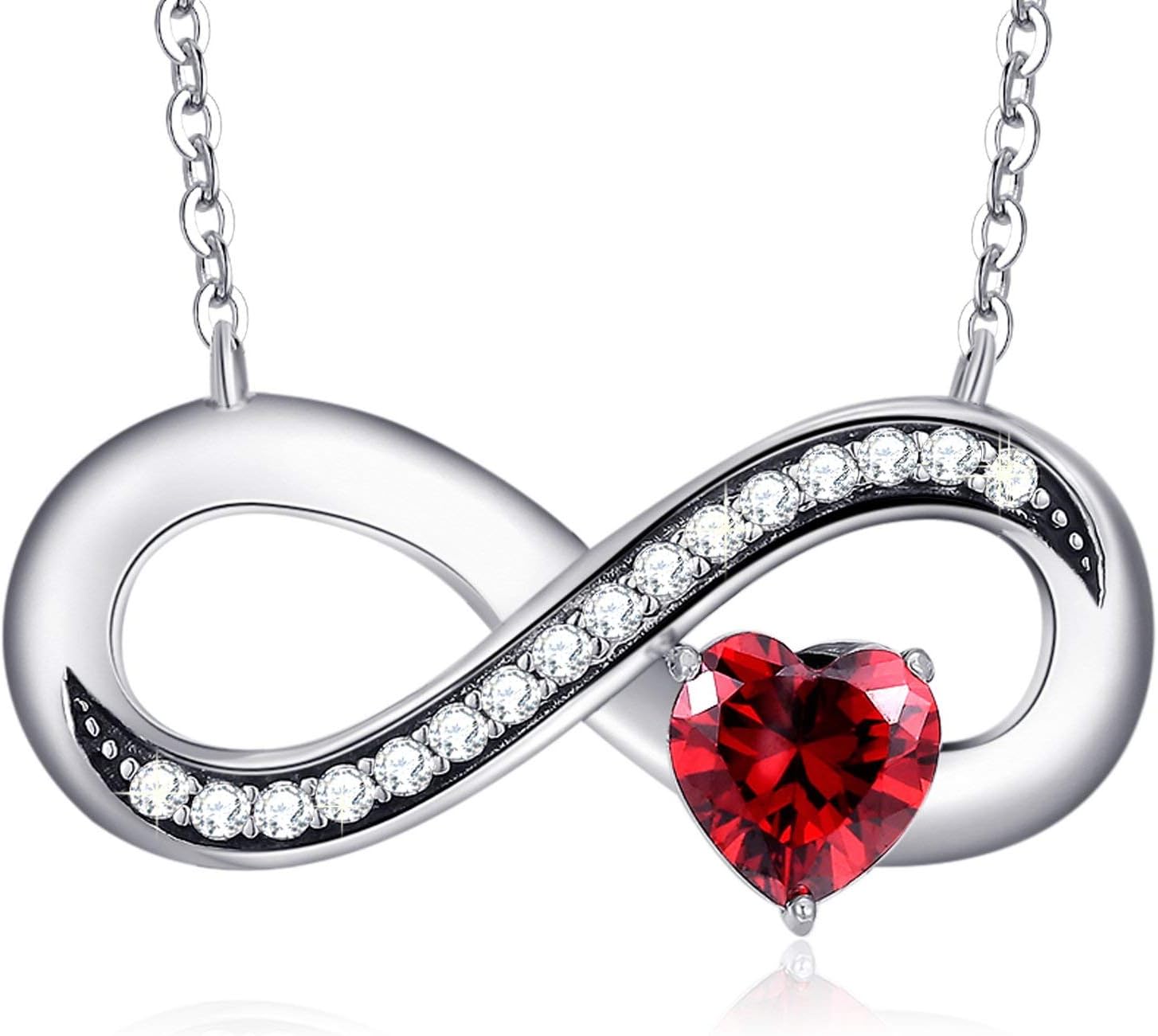 MEGA CREATIVE JEWELRY Women 925 Sterling Silver Infinity Ruby Heart Pendant Necklace with Crystal Jewellery Gifts for Her Mum Wife Girlfriend