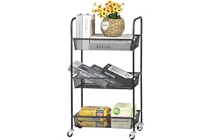 GEORIS 3-Tier Metal Utility Rolling with Handle, Multi-Functional Storage Trolley for Office, Living Room, Kitchen ，Kids' Room, Movable Storage Organizer with Lockable Wheels, Black
