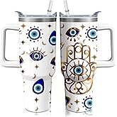 40oz Evil Eye Tumbler with Handle and Flip Straw, Evil Eyes Hand Stainless Steel Insulated Cup, Travel Coffee Mug Water Bottle, Birthday Gifts for Women Men