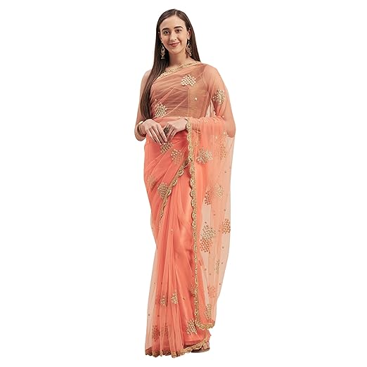 Womanista net with Blouse Piece Saree (TI1276_Peach_OneSize)