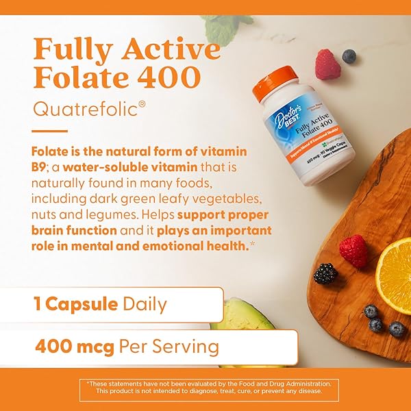 DOCTOR’S BEST FULLY ACTIVE FOLATE WITH QUATREFOLIC400 MCG, HEALTHY MOOD, MEMORY, CIRCULATION, WELL-BEING, 90 VC