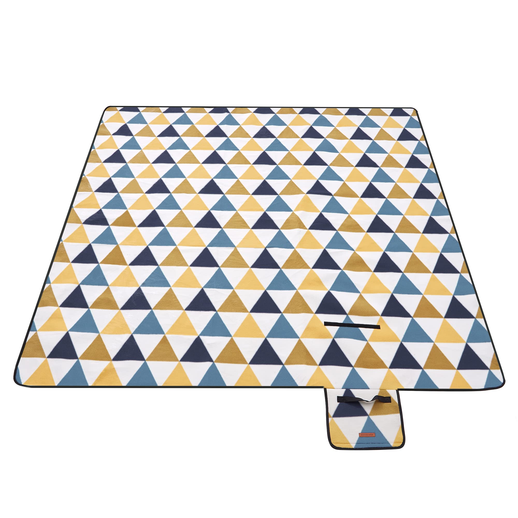 SONGMICS Picnic Blanket, 200 x 200 cm, Large Mat for Camping, Park, Garden, Garden, Outdoors, with Waterproof Backing, Foldable, Yellow and Blue Triangle Pattern GCM76S