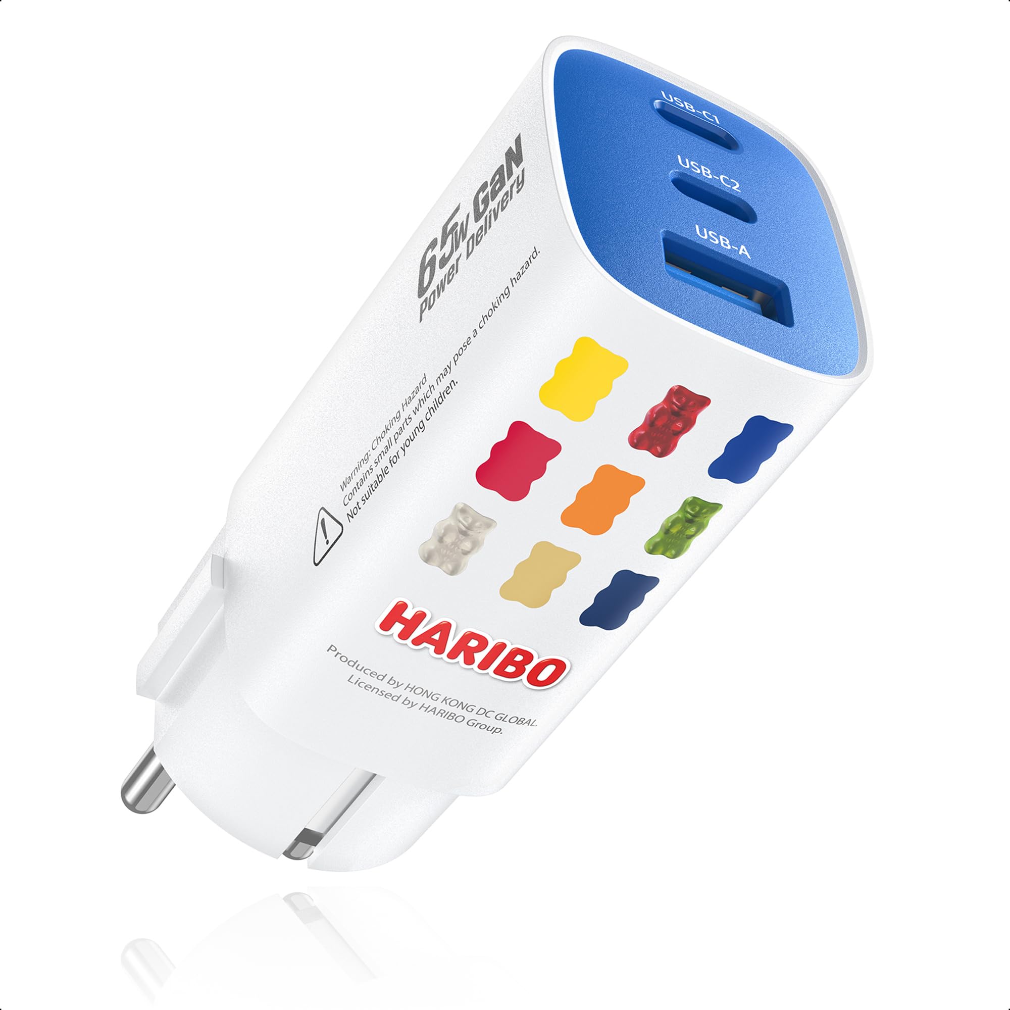 HARIBO USB C Ladegerät 65W 3-Port USB-C Netzteil Schnellladegerät PD PPS kompatibel mit MacBook, für iPhone 17/16/15, iPad, Galaxy S25/S24, Pixel, Steam, Sicherheit Stecker mit Erdung, Geschenk, Blau