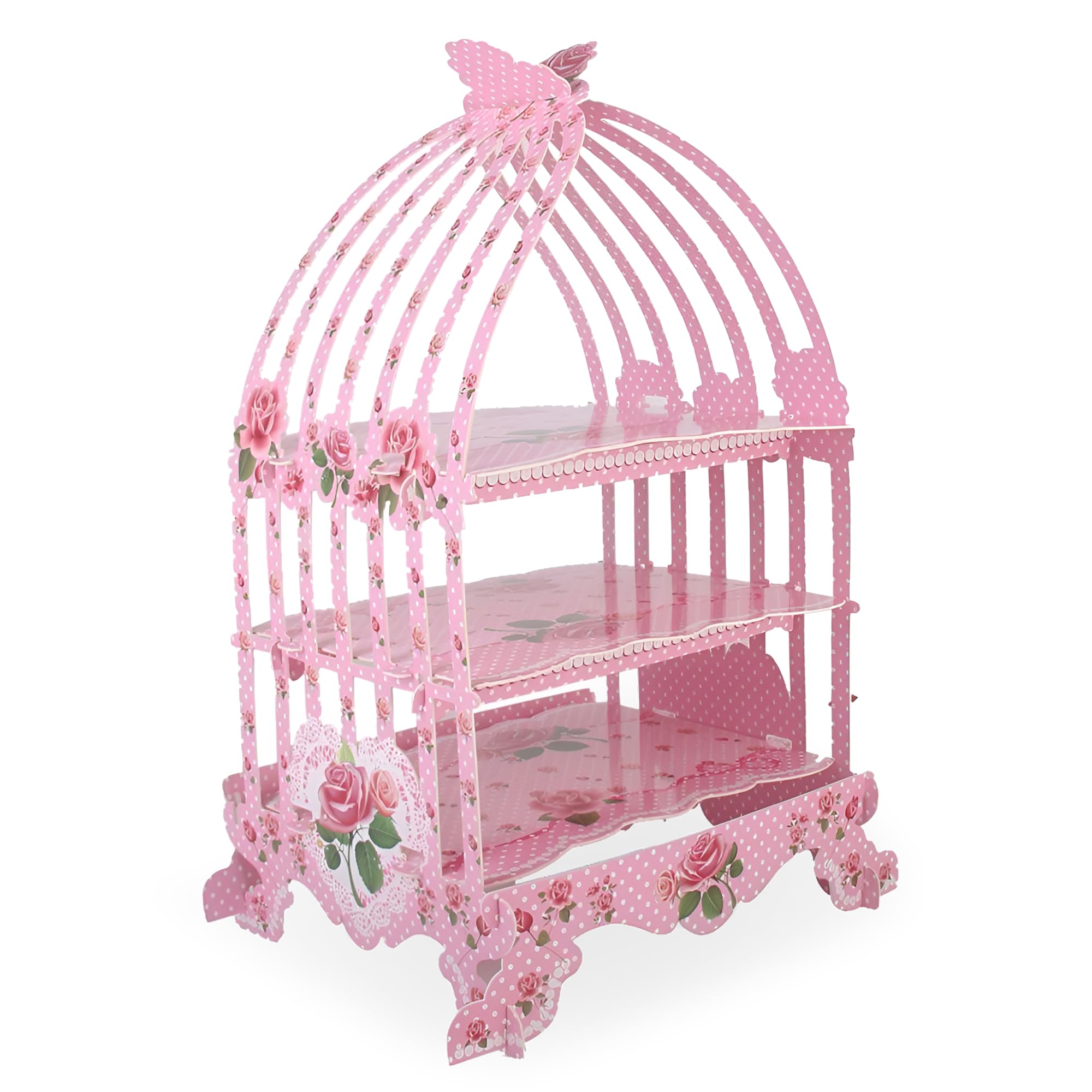 Trimming Shop Vintage Style Birdcage Theme Foldable Cardboard 3-Tier Cupcake Stand Table & Party Décor For Weddings, High-Tea, Birthday, Anniversary Parties, Pink