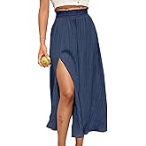 Avanova Women Slit Split High Waist Pleated Long Skirt Elastic Flowy Midi Skirt