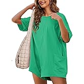 NILOINE Rompers for Women Summer Oversized Shirt Short Sleeve Jumpsuit Athletic Workout Reversible Hot Shot Tee Pockets