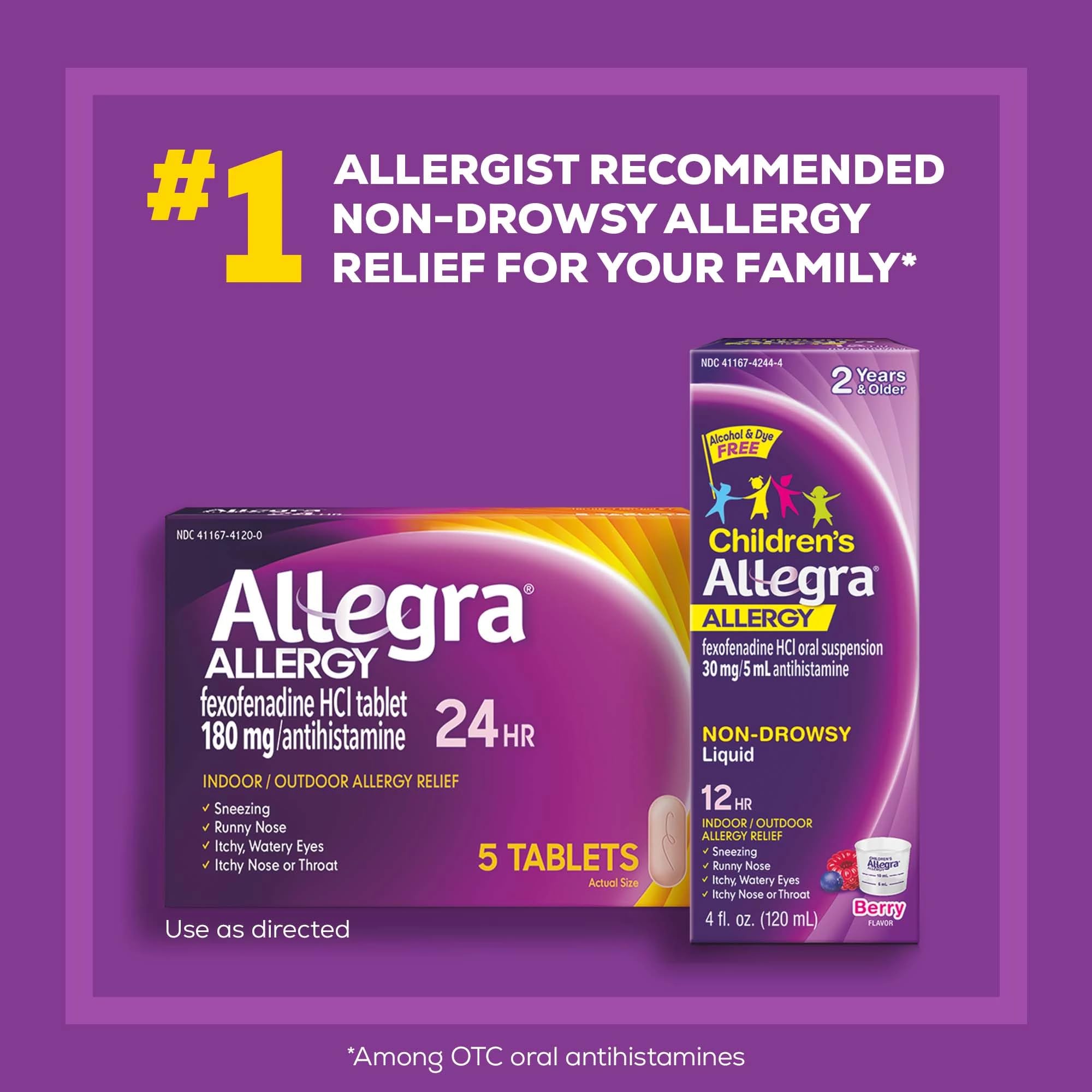 Allegra Adult 24-Hour Allergy Relief Tablets, Non-Drowsy Indoor and Outdoor Allergy Medicine, 180 mg Fexofenadine HCI Antihistamine Pill, 5-Count
