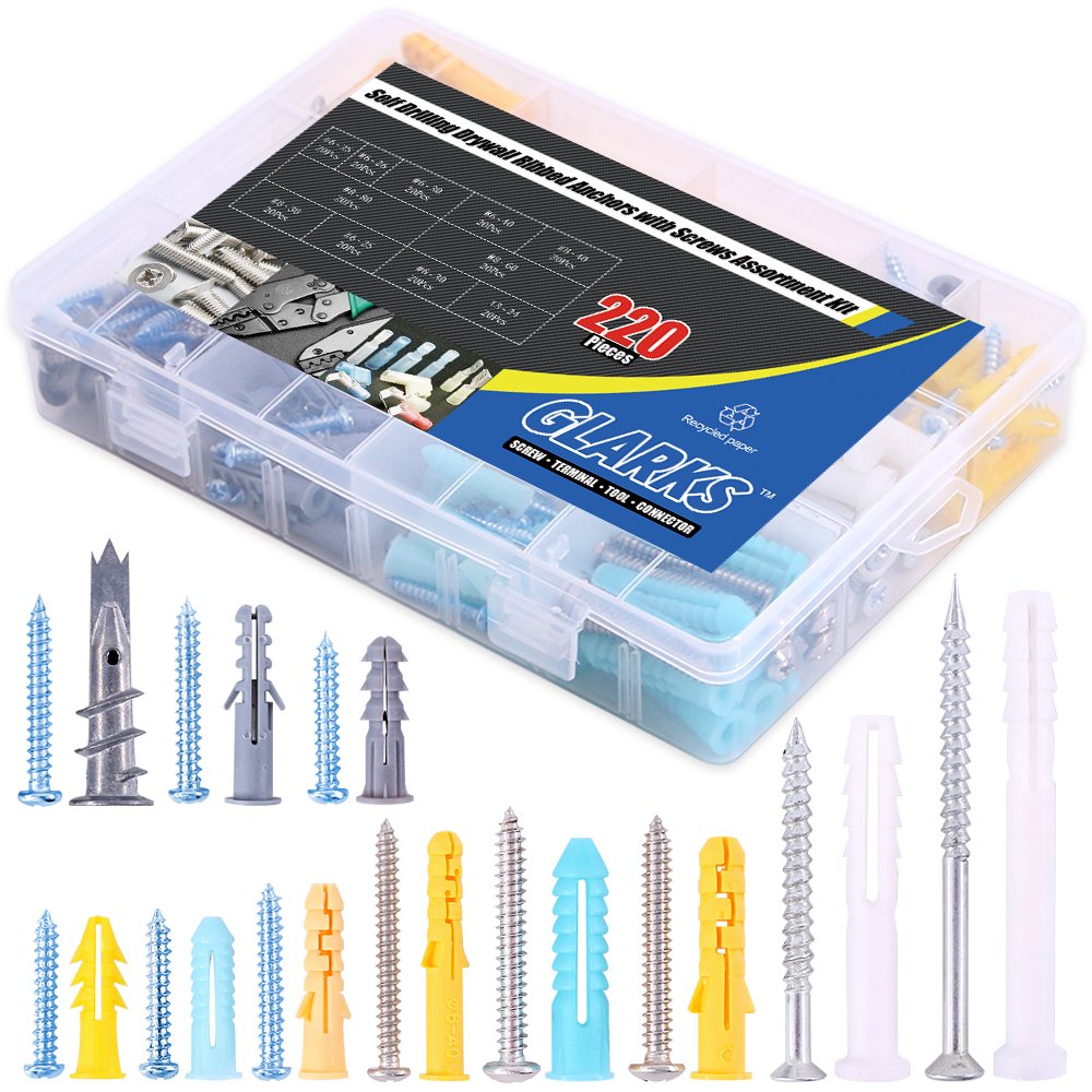 Glarks 220-Pieces Plastic Self Drilling Drywall Ribbed Anchors Hollow-Wall Anchor with Screws Assortment Kit for Drywall, Hollow-wall Hanging Wall Shelf or Blinds