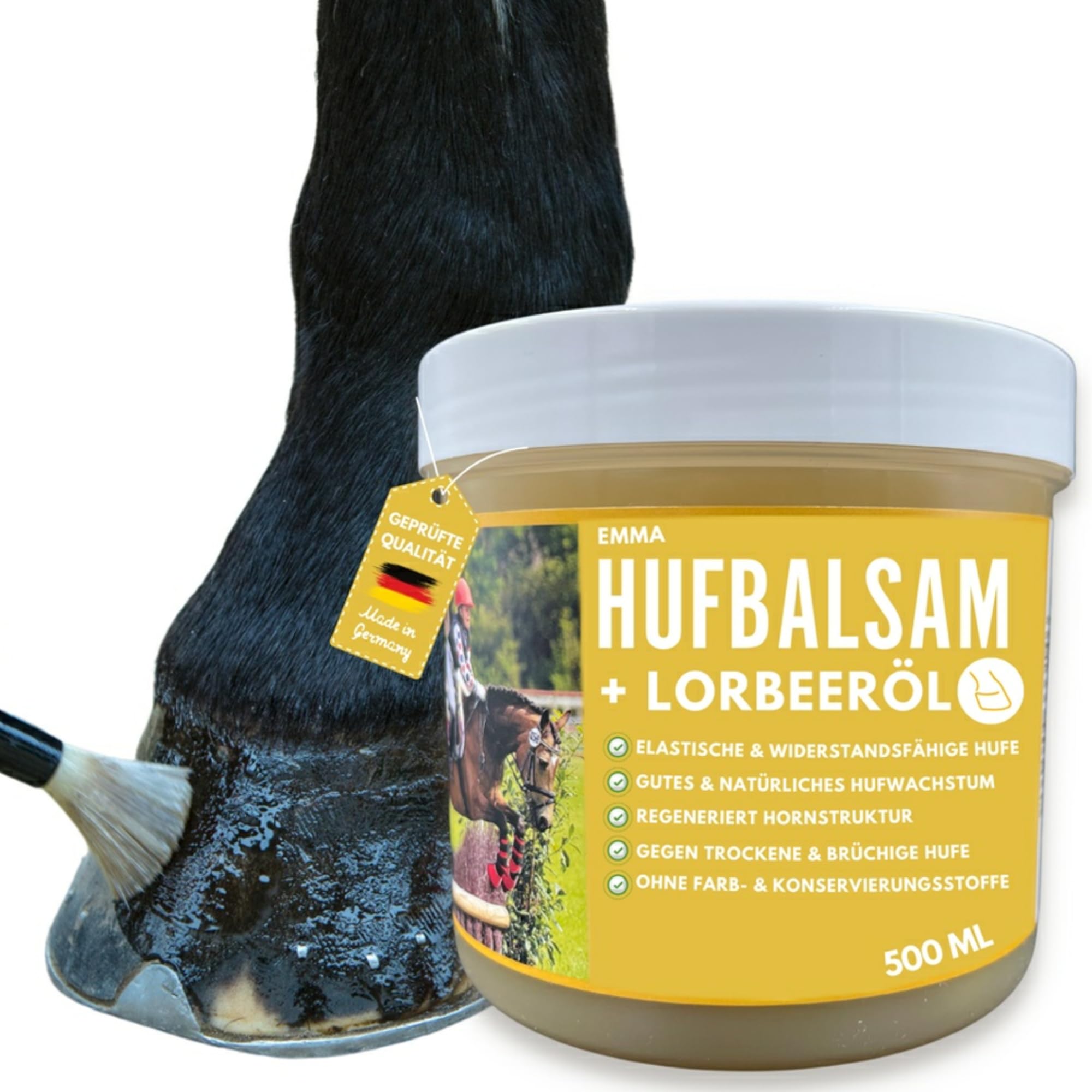 EMMA Huffett Horses with Laurel Oil 500 ml Hoof Gel Yellow I Hoof Balm for Horses Healthy Hooves I Apply Hoof Fat Horse with Brush Against Dry Hooves & Jet Rot Horse Medium I Hoof Fat Blasting Agent