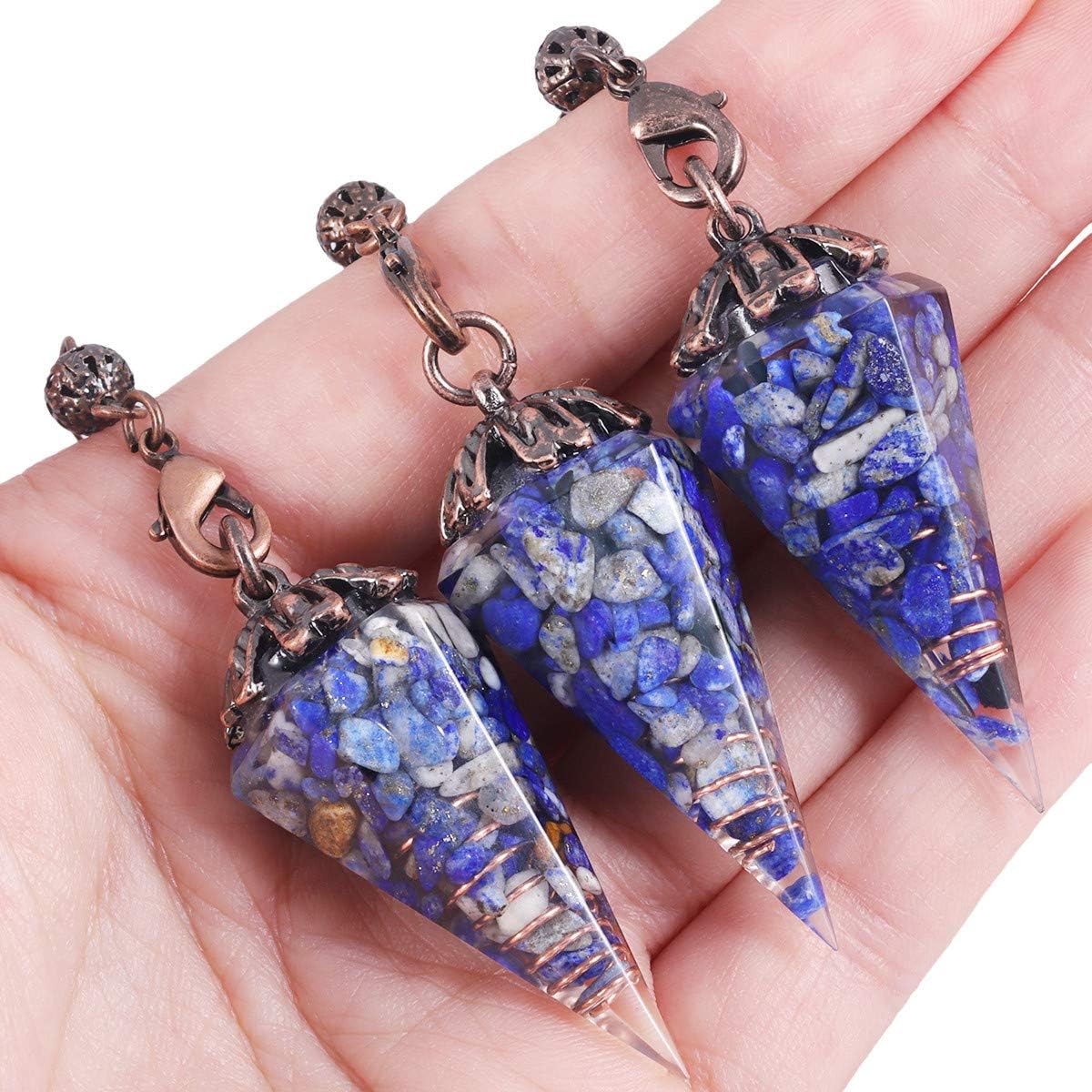 Nupuyai Lapis Lazuli Vintage Crystal Point Dowsing Pendulum for Divination Scrying Healing Faceted Hexagonal Resin Chip Stone Pendulum with Chain - Image 4