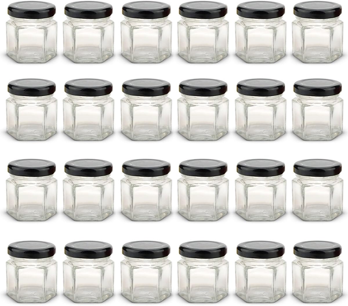 1.5 oz Hexagon Mini Glass Jars with Black Lids and Labels (Pack of 24)