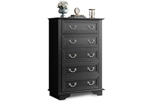 WLIVE Farmhouse Dresser for Bedroom, Tall Wood Dresser with 5 Drawer, Chest of Drawers with Roman Metal Handle for Living Room, Hallway, Closet, Black