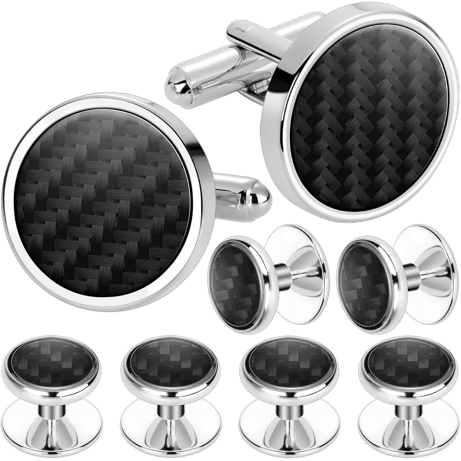 Mens Cufflinks and Tuxedo Studs Set in Gift Box (Carbon Fiber), Jewelry or Accessories in Gold Silver Black Tone, Matching with Shirts Vest and Bow tie, Metal, not known