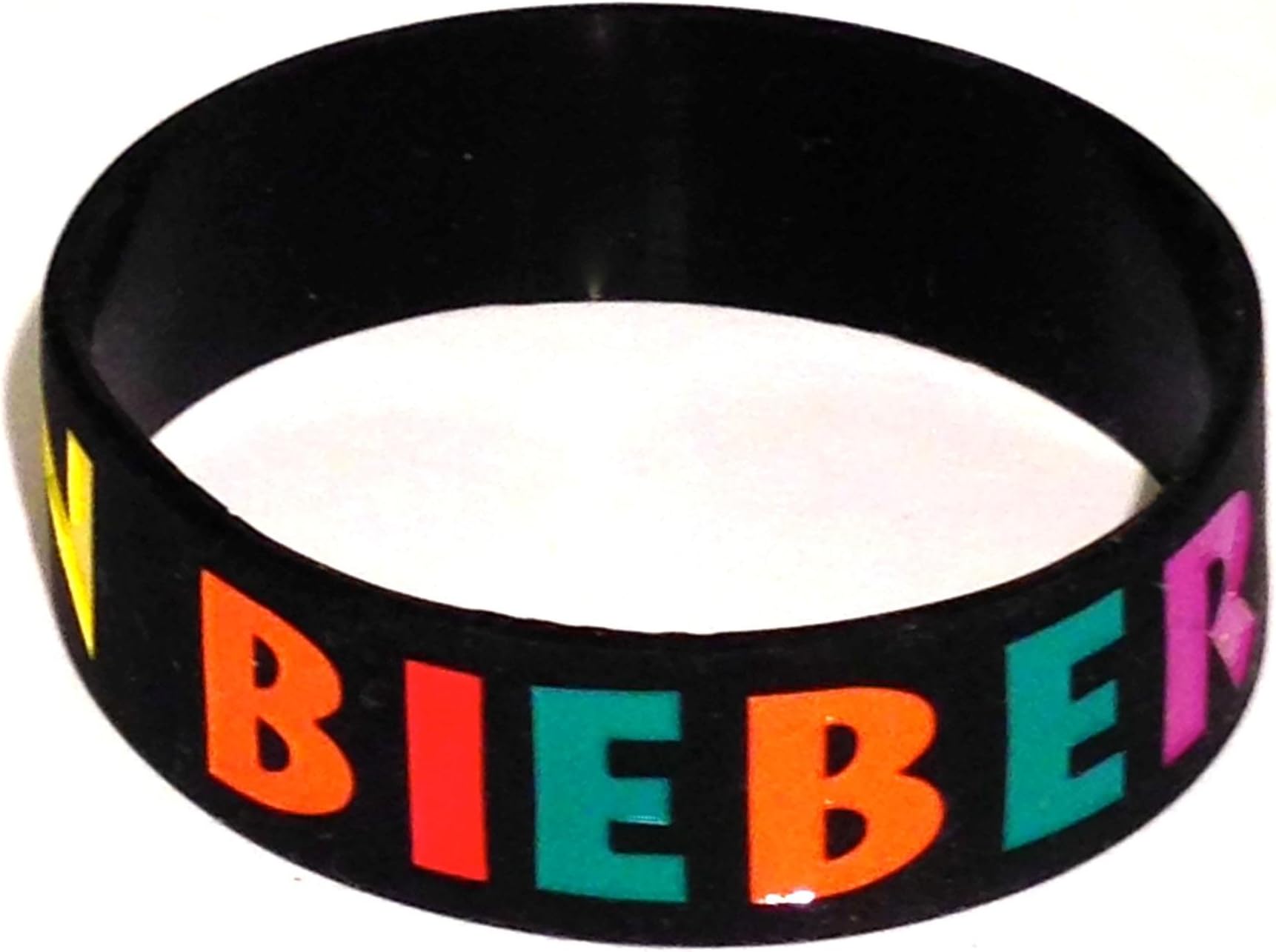 I Heart (Love) Justin Bieber JB Belieber Silicone Wristband Bracelet Black with Multi Colored Writing