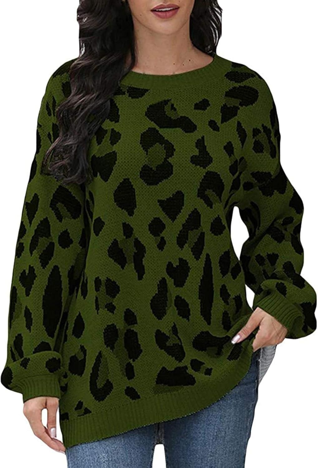 Pullover Sweaters for Women Knit, Leopard Print Long Sleeve Color Block Sweater Crew Neck Loose 
