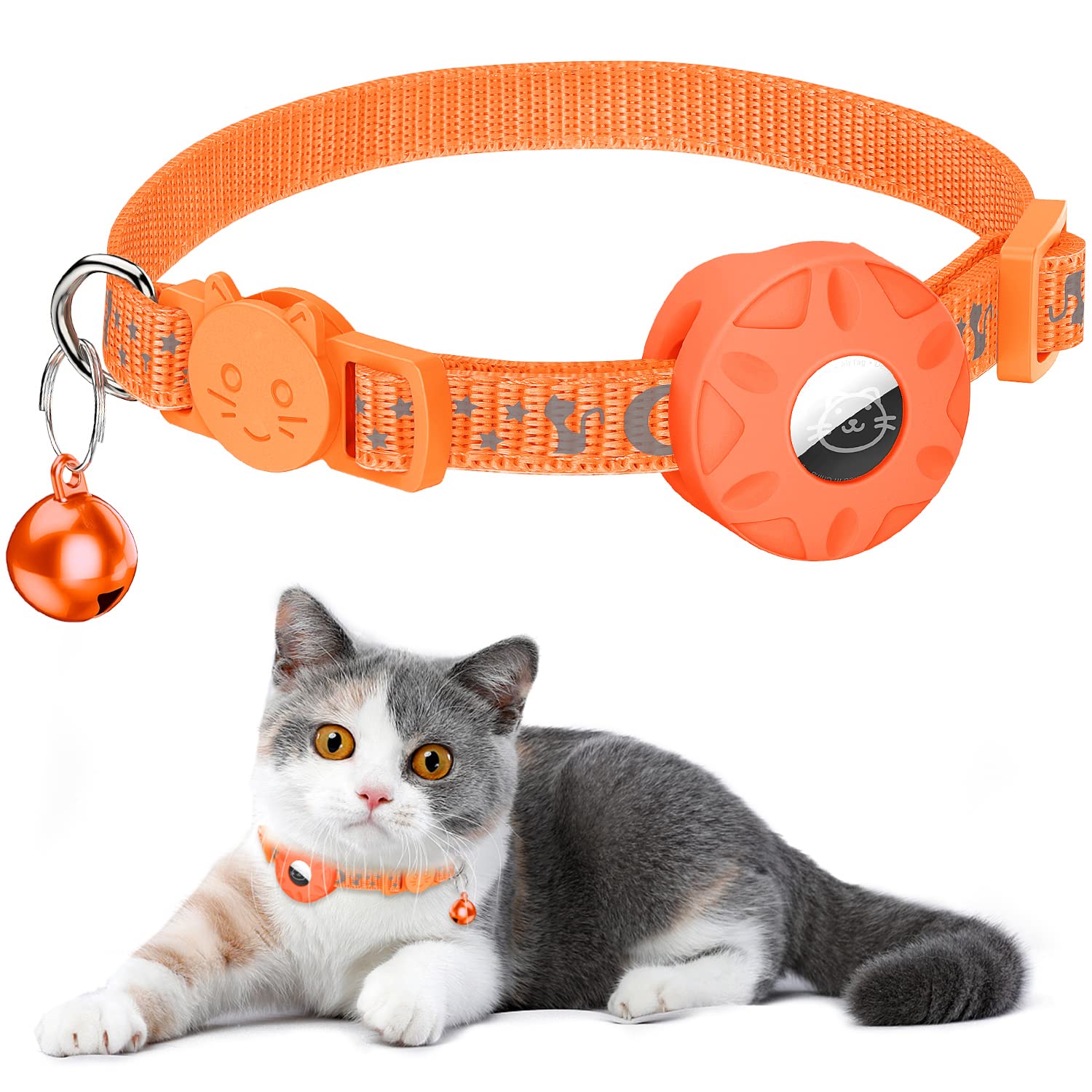 Reflective Cat Collar with Safety Buckle and Waterproof AirTag Holder in 3/8" Width, Compatible with Apple AirTag for Cat, Dog, Kitten, Puppy (Orange)