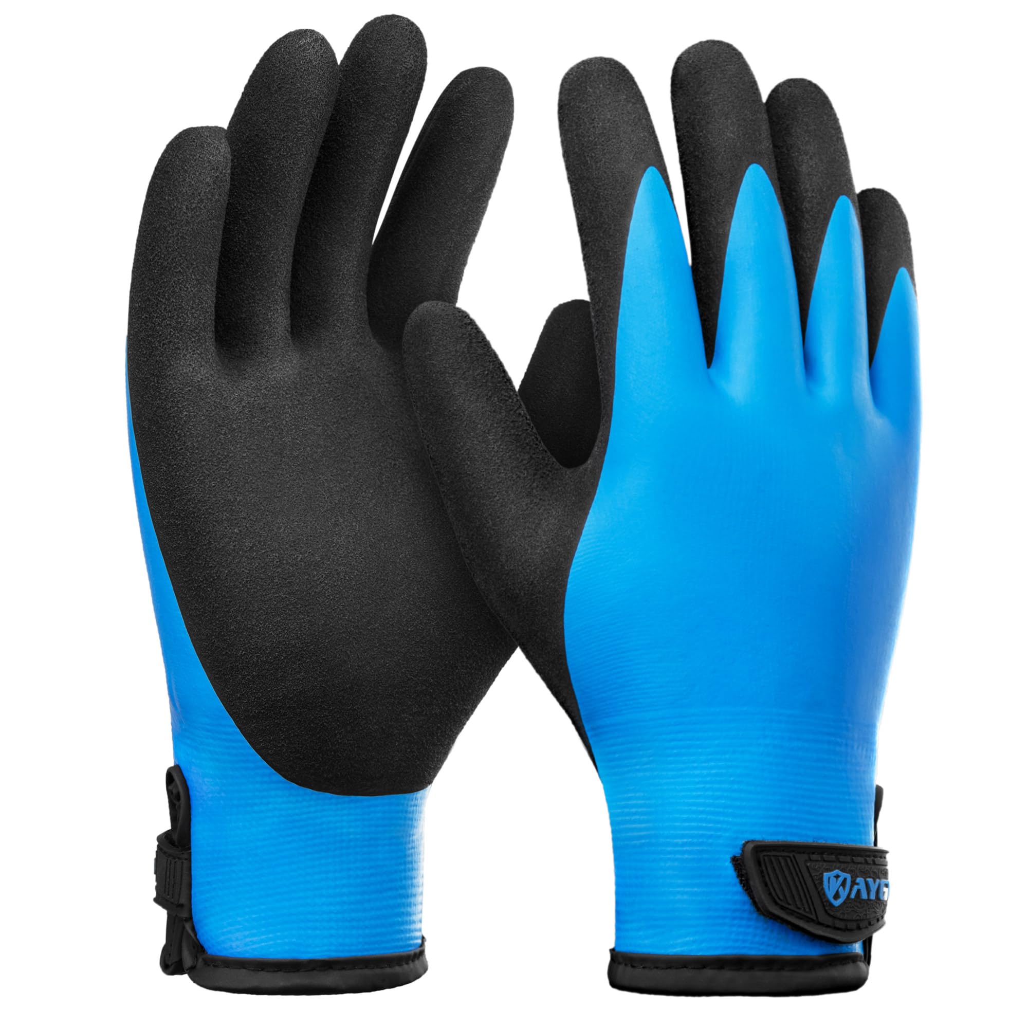 KAYGO Waterproof Thermal Work Gloves, Double Latex Coated, Good Grip and Dexterity, Insulated Liner Warm for Freezer Storage Cold Weather Fishing Winter Outdoor Jobs, KG145W (Black Blue, Small)